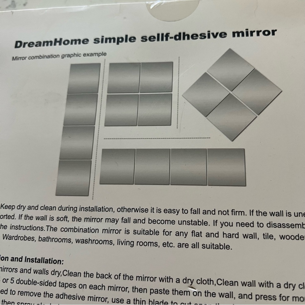 NWT DreamHome Self-Adhesive Mirror Tiles Four‎ Square Mirrors Home Wall Decor